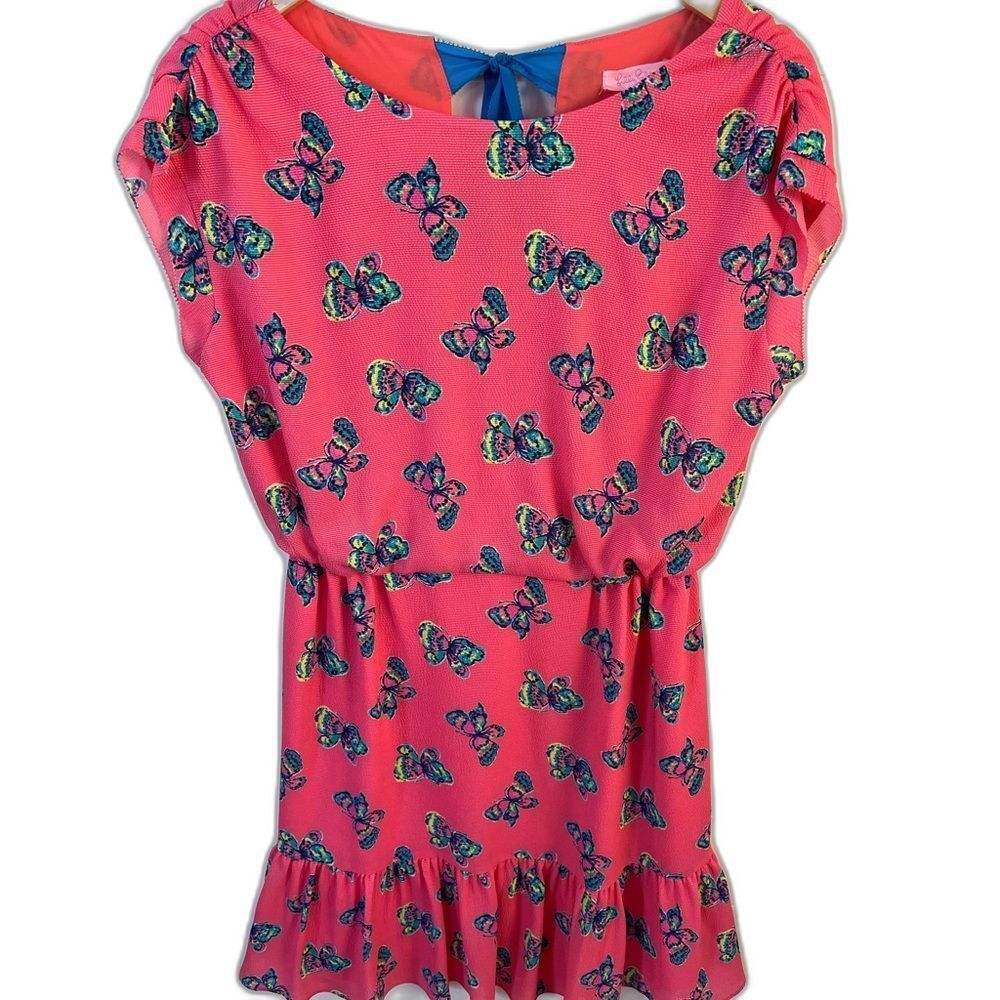 Lilly Pulitzer Bright Pink Butterfly short sleeve dress ruffled bottom sz sm